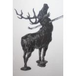 Tom Gallant, black paper applied to white backing, titled ' The Serf ', study of a stag, 21ins x