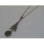 White metal emerald and diamond set pendant in Edwardian style, on a fine gold chain