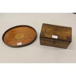Small Georgian oval shell inlaid tray, together with a Victorian walnut two division tea caddy