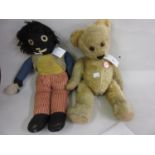 Mid 20th Century plush covered and jointed teddy bear, together with a golly soft toy