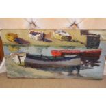 Two unframed oils, study of beached boats, signed Reg Gammon in ink and study of three figures on