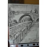 Michael Andrews, a charcoal sketch on paper, bridge over a railway line, signed with initials M.