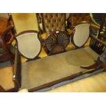 Edwardian mahogany marquetry inlaid drawing room sofa with a fan shaped splat back, upholstered seat