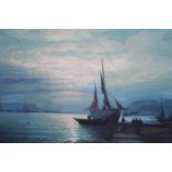 20th Century oil on canvas, harbour scene with figures unloading a catch by moonlight, unsigned,