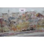 Steven Spurrier, signed watercolour, town by a river, 10ins x 13.5ins