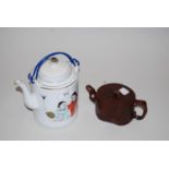 Chinese terracotta teapot with seal mark to base and a Chinese porcelain teapot decorated with