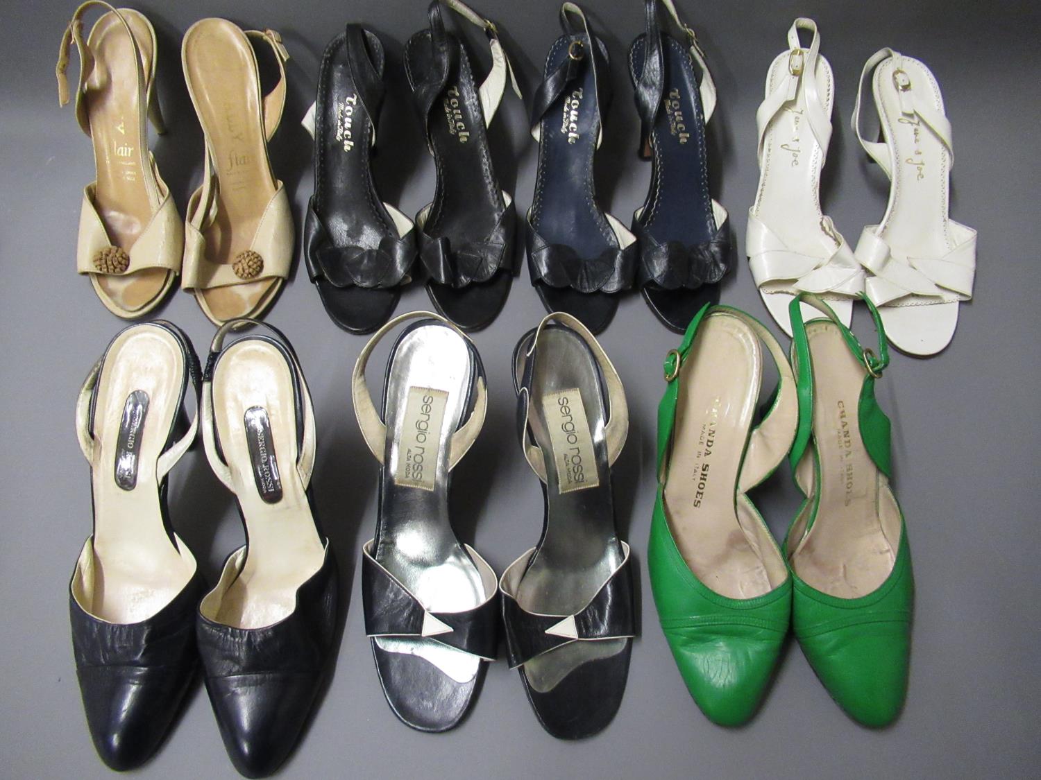 Five pairs of Italian leather high heeled sandals and two pairs of shoes, sizes 39 and 40