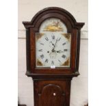 George III oak longcase clock, the broken arch hood with flanking pilasters above an arched panelled