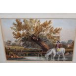 18th / 19th Century English watercolour, figure on horseback in a river, unsigned, gilt framed,