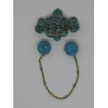 19th Century turquoise and split pearl brooch together with a pair of turquoise set ear clips