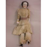 Large 19th Century doll with porcelain head and limbs, painted hair and eyes etc on a stuffed body