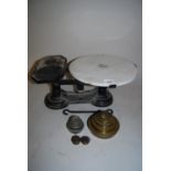 Pair of Victorian cast iron and ceramic kitchen scales by Avery together with a quantity of