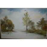 Anthony Waller, watercolour, river landscape, signed, framed, 14ins x 21ins, a smaller print, a