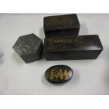 Three various papier mache boxes, together with a hexagonal embossed pewter box