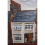 Box containing a collection of ten various oils on canvas, including landscapes, town scenes,