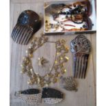 Turkish gilt metal necklet and brooch, quantity of tortoiseshell combs, buckles etc, jet bead