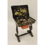 19th Century Chinese export black chinoiserie lacquer work table, the hinged cover enclosing a