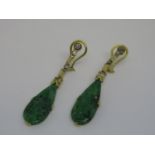 Pair of gold mounted diamond set carved jade drop earrings Excellent condition. No damage or repair.