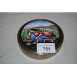 Circular Middle Eastern white metal and enamel box, the lid decorated with a female figure reclining