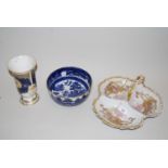 French porcelain trefoil dish, a Royal Worcester Millennium vase and a blue and white Willow pattern