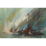 Ben Maile, oil on canvas, a bank of artillery exchanging fire, signed, 30ins x 40ins, gilt framed