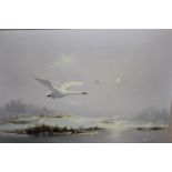 Howard Devonald, pair of oil paintings on canvas, swans and ducks in flight, signed, 11ins x