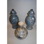 Pair of 20th Century Chinese stoneware blue and white baluster form vases, 14ins high together