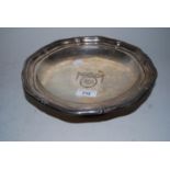 Sheffield silver circular shaped edge pedestal dish engraved with monogram M.D.A.