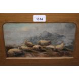 Small early 20th Century oil on card, sheep in a mountain landscape, signed indistinctly, 5ins x