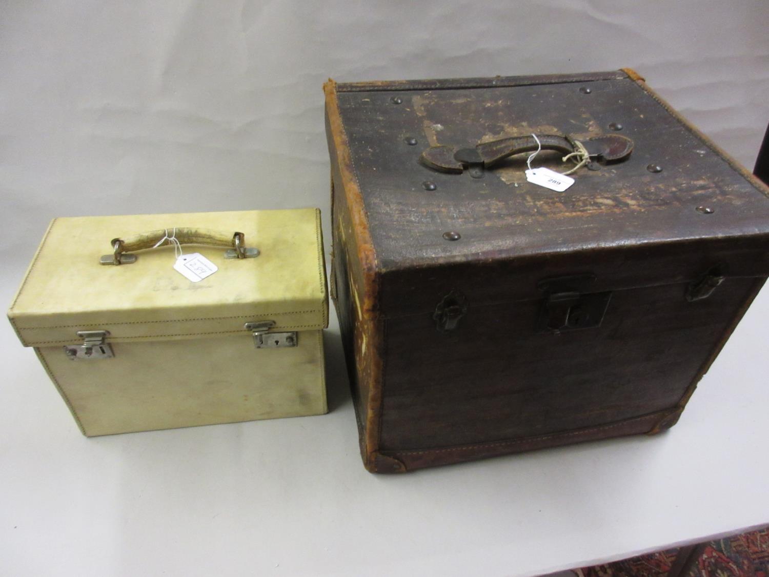 19th Century canvas and leather mounted trunk / hat box, 18.5ins x 16ins x 14.25ins, together with a