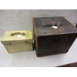 19th Century canvas and leather mounted trunk / hat box, 18.5ins x 16ins x 14.25ins, together with a