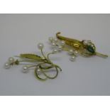 14ct Yellow gold spider on leaf brooch set jade cultured pearls and two small rubies, together