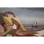 In the manner of Christopher Wood, oil on canvas, view of a Cornish fishing village with passing
