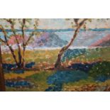 Impressionist style oil on board, view of the coast through trees, ' Antibes ', together with an