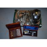 Box containing a quantity of various silver plated items to include: two meat dish covers, condiment