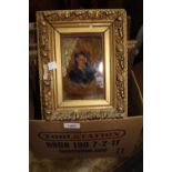 Pair of small reverse painted on glass gilt framed portraits together with a pair of French sepia
