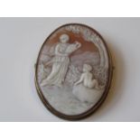 9ct Gold mounted cameo brooch depicting a classical female and child in a landscape, 2.25ins x 1.