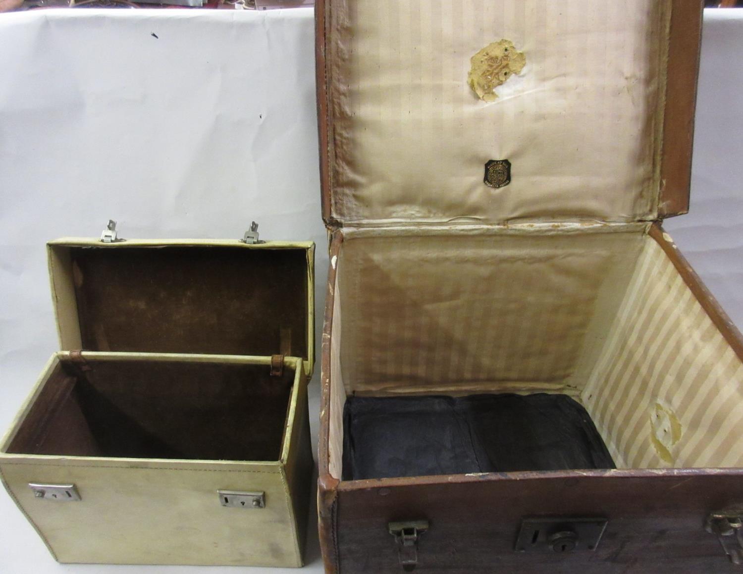 19th Century canvas and leather mounted trunk / hat box, 18.5ins x 16ins x 14.25ins, together with a - Image 2 of 2