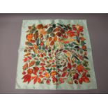 Hermes silk kerchief, autumn leaves on pale green ground, 42cms square, in a Hermes box