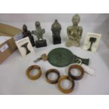 Miscellaneous antiquities to include: a bronze hand mirror, Thai bronze Buddha, Sawankhalok