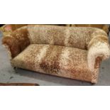 Late 19th or early 20th Century two seat Chesterfield type sofa, re-upholstered in cream / tan