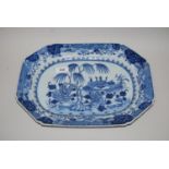 Chinese octagonal porcelain meat dish, blue and white decorated with a garden scene, 14.5ins x 11.