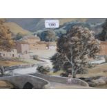 L. Preston, 20th Century watercolour, landscape before a village with cyclist on a bridge, signed,