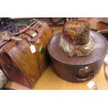 Leather Gladstone type bag with brass mounts, together with a fibre hat box with brass catch