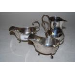 Pair of small Birmingham silver sauce boats together with a London silver cream jug