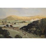 Godwin Bennet, signed oil on canvas, landscape with figure ploughing, inscribed verso ' View from