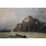 Late 19th Century oil on canvas, maritime scene with shipping off a coastal town, signed Perrin,