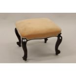 Victorian upholstered footstool on cabriole supports, small circular folding table, mahogany plant