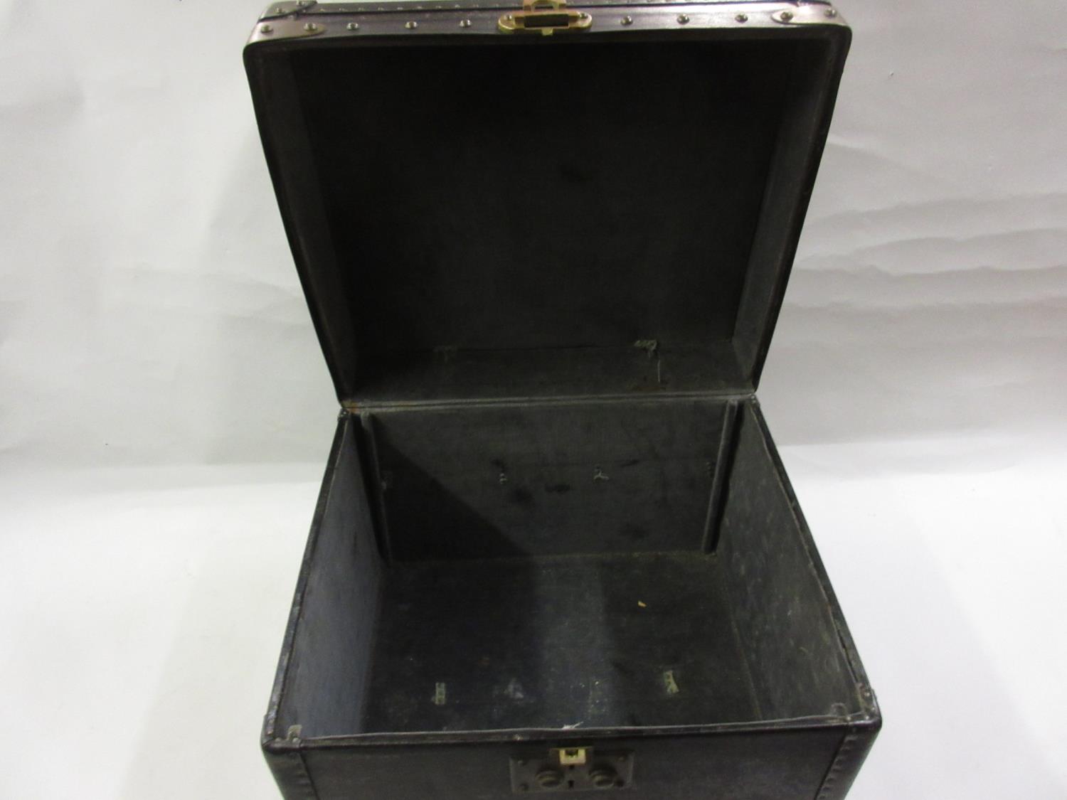 Malles Goyard, a brass mounted black fibre square trunk / hat box, stamped to the catch and labelled - Image 3 of 3