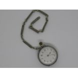 Small silver cased Victorian fob watch with white enamel dial having Arabic numerals and alternating